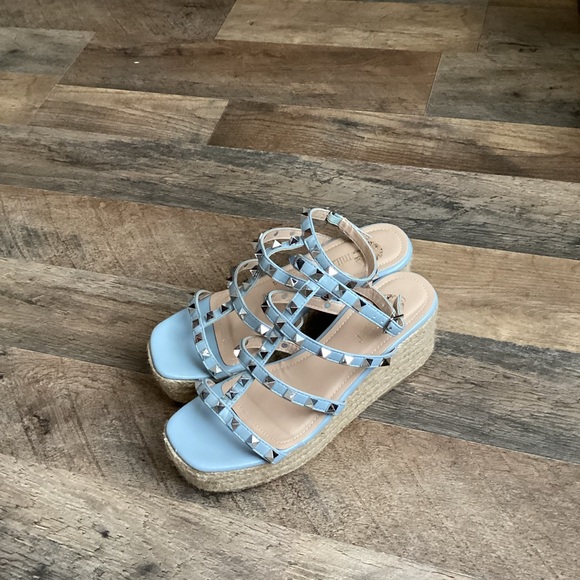 Olivia Miller Shoes - Olivia Miller Blue Studded Wedge Sandals